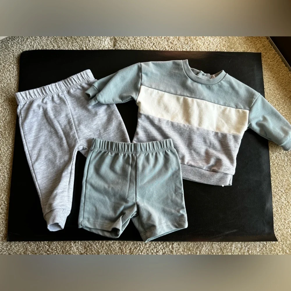 Infant baby pl baby 6M 3 piece shorts, pants, sweatshirt set